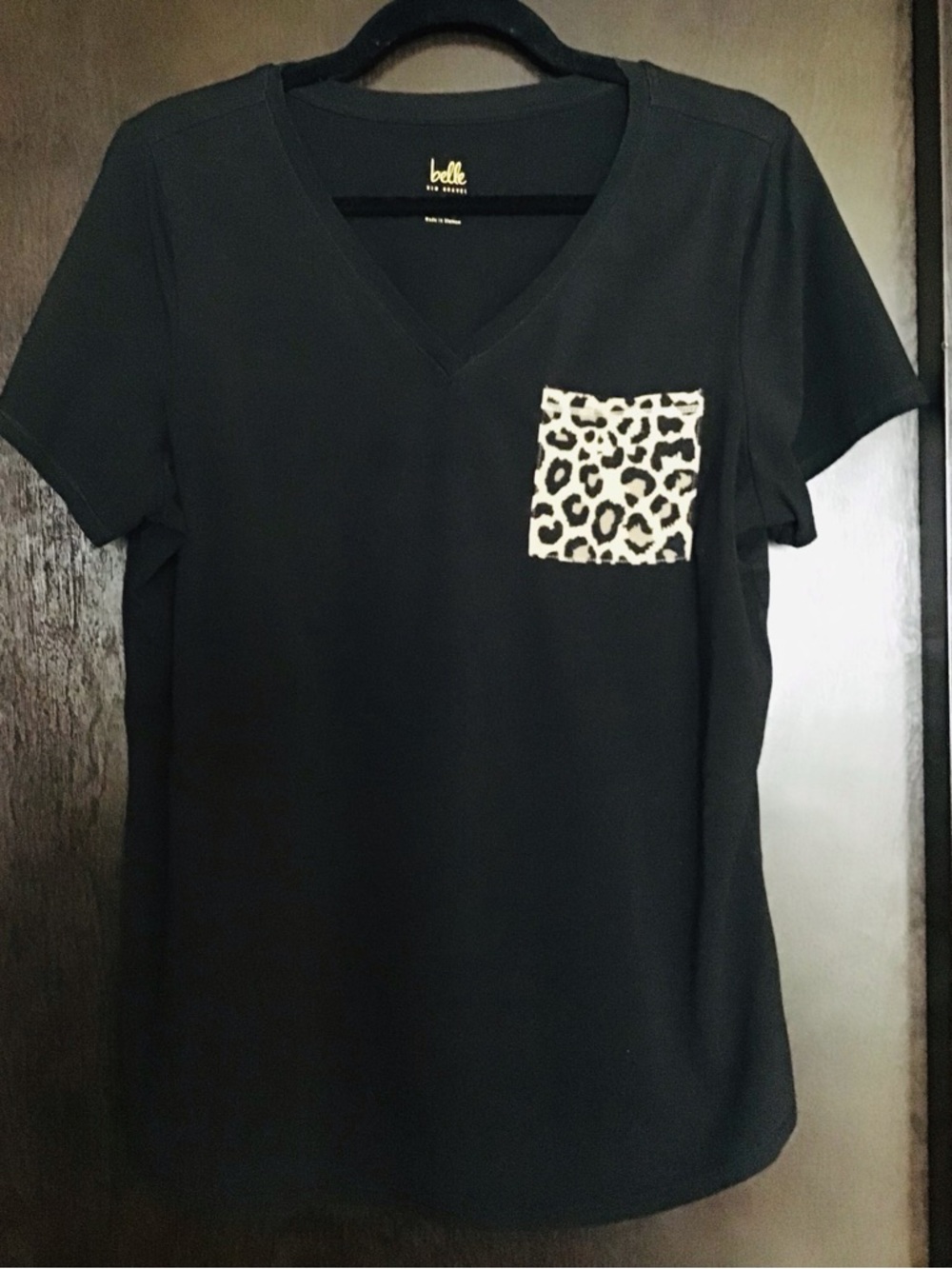 Belle by Kim Gravel Black V-Neck Short Sleeve Tee with Leopard Pocket